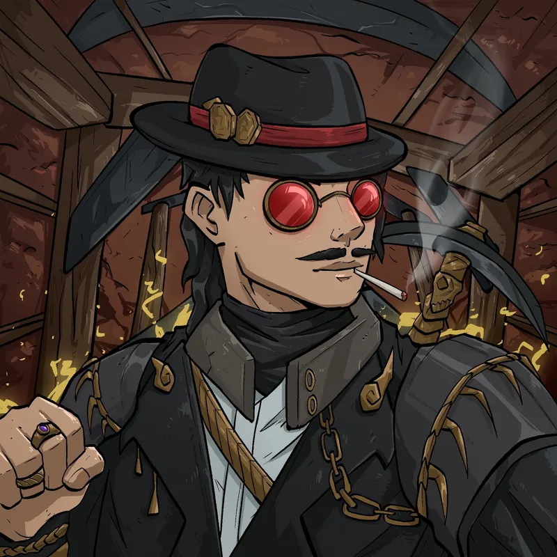 A moustached figure in a fedora and round red lenses draws on a cigarette in a dim wooden room, a skull-headed automaton standing behind him.