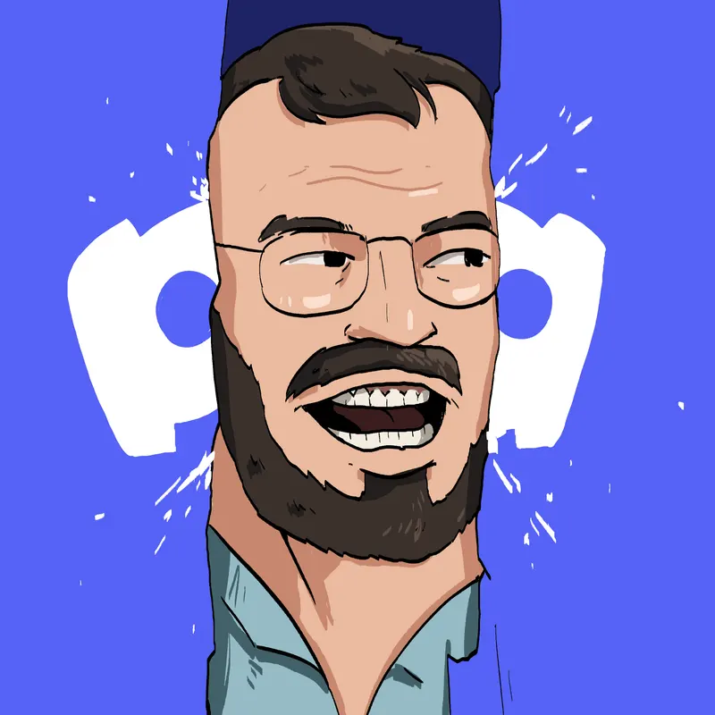 A bearded, bespectacled man laughs mid-sentence, the Discord logo bright behind him on a violet field.